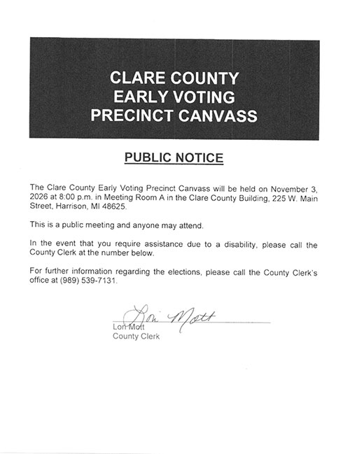 Clare County Early Voting Precinct Canvass public notice for November 3, 2026