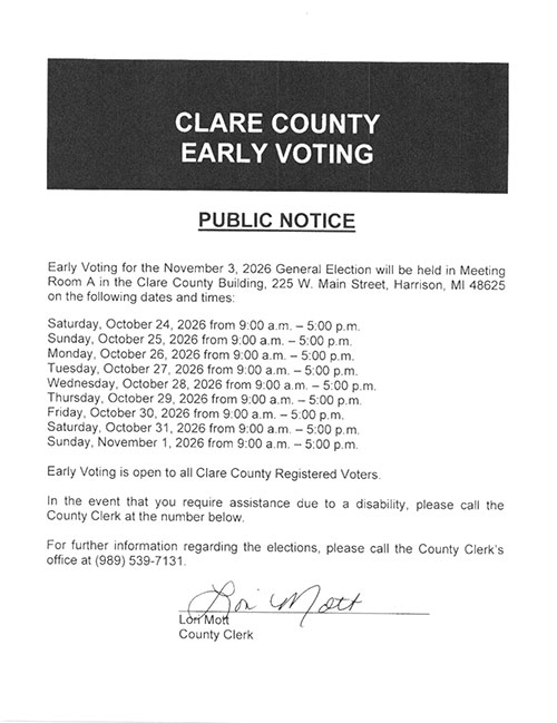 Clare County Early Voting public notice for the November 3, 2026 General Election